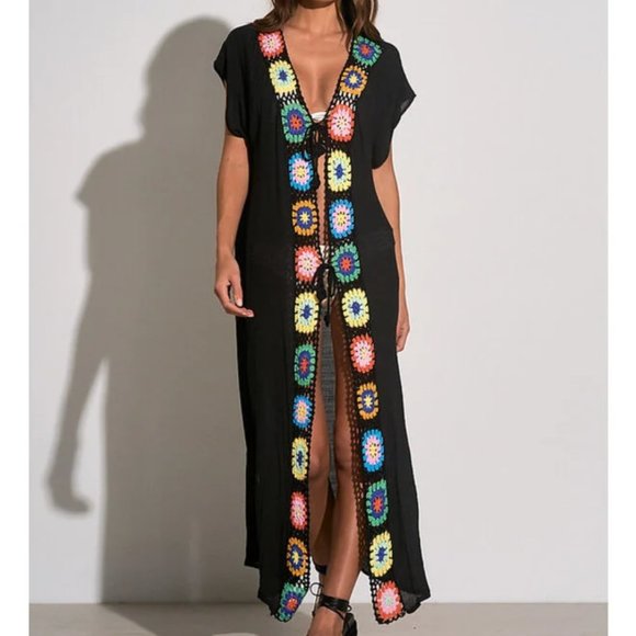 Short Sleeve Colorful Square Crochet Tie Kimono Maxi by Elan - Black - Picture 1 of 1